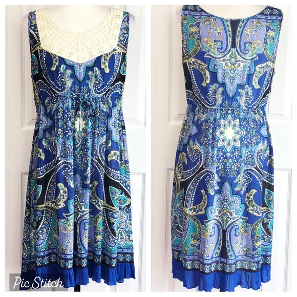 Bila Boho Blue Multi Paisley Print Crochet Lace Summer Dress XL - Picture 1 of 16